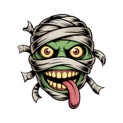Wrapped mummy skull, rolled bandages, grinning face, wild tongue, creepy mascot badge, edgy Halloween sticker, bold vector artwork