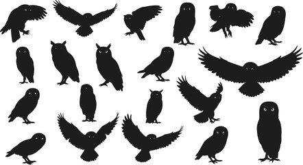 Collection of owl silhouettes, flying bird vector, nocturnal animal illustration, forest wildlife design, predator bird artwork, black night bird shapesCollection of owl silhouettes, flying bird 