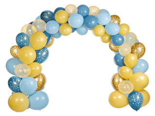 Green, yellow and blue balloon arch isolated on white or transparent background