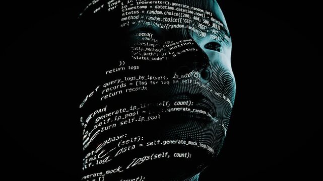 Artificial Intelligence Composing Code - Futuristic 3D Human Face with Programming Text Overlay
