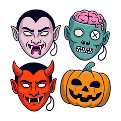 Classic horror heads collection, vampire portrait, stitched zombie brain, devil face, pumpkin lantern, clean badge icons, vector artwork