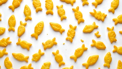 Overhead shot of gold-colored, fish-shaped crackers scattered on a stark white surface, creating a playful food arrangement