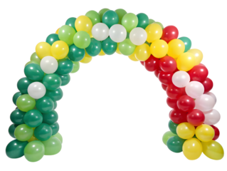 Red, green and yellow balloon arch isolated on white or transparent background