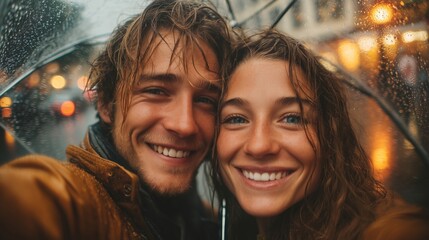 Young couple smiling in rain with umbrella