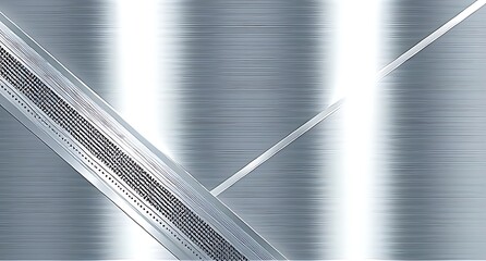 Bright silver brushed metal with diagonal seams and glossy reflections, accented by subtle perforated strip. Perfect for high-tech, industrial, or futuristic architectural backgrounds.