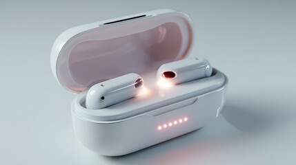 Earbuds inside charging case on white surface