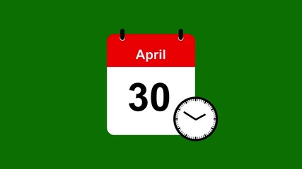 April 30 Calendar Banner with Time Icon Animation. April 30 Calendar Animation with Red and White Banner.