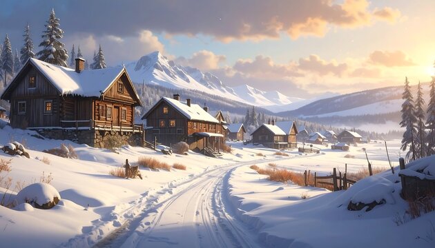 Winter village nestled in snowy mountains