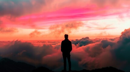 A Slim Silhouette Figure Stands Amidst Swirling Pink and Orange Cosmic Clouds, Hovering Above a Rugged Mountain Range—Crafting a Dramatic, Dreamy Scene Ideal for Fantasy, Nature, or Artistic Visuals.