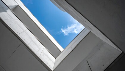 An upward perspective through a modern, angular architectural design, framed by concrete and showcasing a vivid blue sky