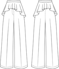 Wide leg high waist women trousers with ruffle overlay fashion garment sewing pattern technical flat cad drawing vector illustration template
