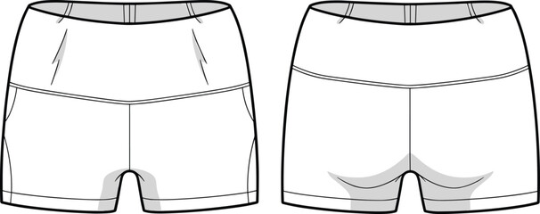 Women activewear technical shorts cad drawing flat vector illustration for fashion design template showing modern stylish workout gym clothing sewing pattern