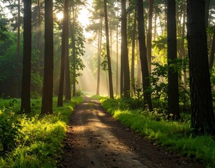Obraz premium Sunbeams through a misty forest path