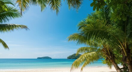 Tropical beach framed by palm trees.  Tranquil turquoise water meets white sand, vibrant greenery. Sunlight filters through lush foliage