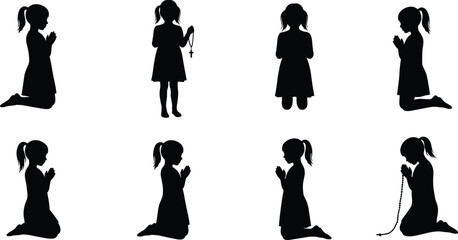 Silhouette of young girl praying with rosary, kneeling in worship, Christian child devotion, holy faith, religion illustration, spiritual meditationSilhouette of young girl praying with 
