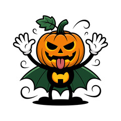 cute pumpkin bat mascot character, smiling halloween pumpkin with wings and cape, spooky fun sticker, vector illustration