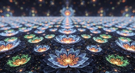 Fractal Flower Field: A mesmerizing display of glowing floral pa