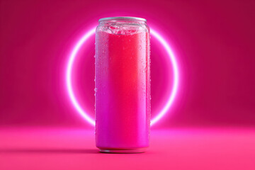 Bright blank energy drink can with colorful neon light background for product branding and advertising mock up
