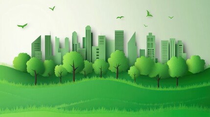 Green cityscape illustration with trees and birds nature conservation theme