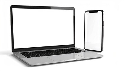 Laptop & smartphone with blank screens, isolated on white background, lit