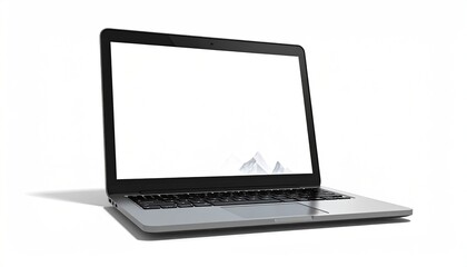 Angled shot of a laptop with a blank screen on a white background, shadow visible