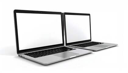 Two silver laptops side-by-side, open with bright blank screens, on white