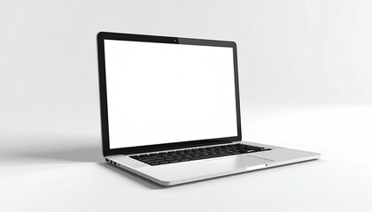 A silver laptop sits open with a blank screen against a clean white backdrop
