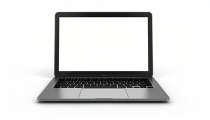 A modern, open laptop with a blank white screen, against a clean white background