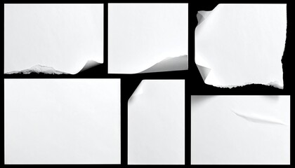 Six white paper pieces with varying edges and folds, against a black background