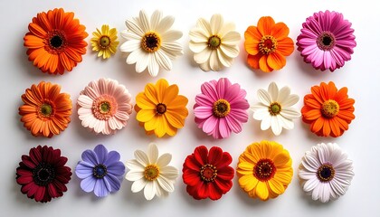 Array of colorful, daisy-like blossoms on white background, arranged in neat rows