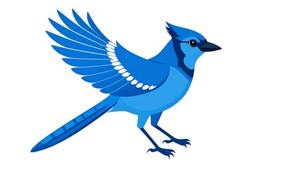 Fototapeta premium A vibrant blue jay, wings outstretched, in a side profile view against a white background