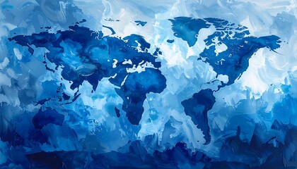 An abstract painting of the world's continents emerges from swirling blues, creating a map-like form, with bold brushstrokes