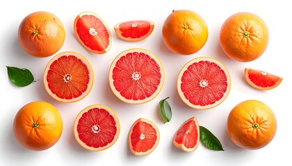 Overhead shot of multiple citrus fruits, some halved, showcasing the vibrant red flesh against the bright rind. A few leaves are scattered