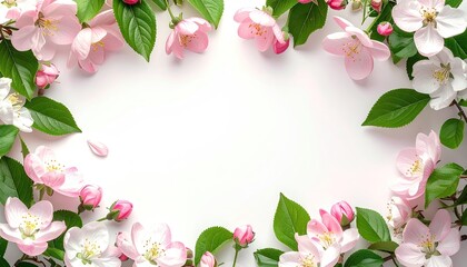 Delicate pink blossoms and green leaves frame a blank white space, spring design