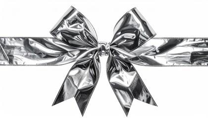A shiny silver bow made of foil sits against a crisp, white background