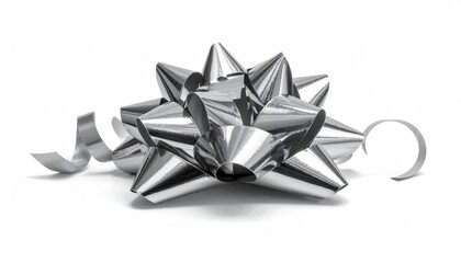 Shiny silver bow with curled ribbons, set against a bright white background