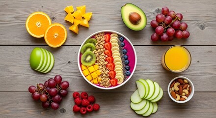 Colorful and Healthy Smoothie Bowl Surrounded by Fresh Fruits an