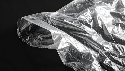 Close-up shot of wrinkled, translucent plastic sheet against a black background