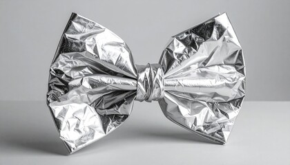 A shiny, silver, crumpled bow-tie, tied in the middle, sits on a white surface
