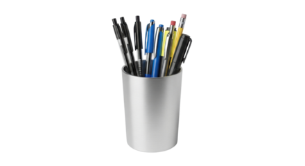 Assorted pens in a metal cup isolated PNG with Transparent Background