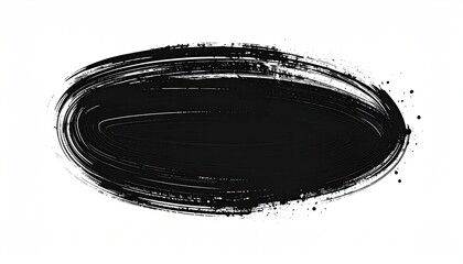 A black oval brushstroke on white. Textured edges, speckled accents, abstract design