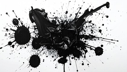 Dark, splashed substance bursting outward on a white background, forming a chaotic pattern