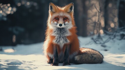 Vibrant fox portrait sitting in snow surrounded by forest environment