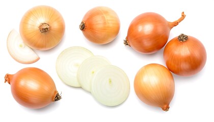 Overhead shot of raw yellow onions and onion slices on a white background, some whole, others sliced