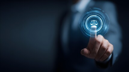 Businessman touching virtual screen with justice law icon, digital representation of AI ethics, compliance, and regulatory standards, clean legal tech interface --ar 16:9