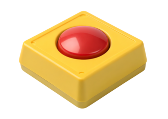 Red emergency stop button on yellow base isolated on white or transparent background