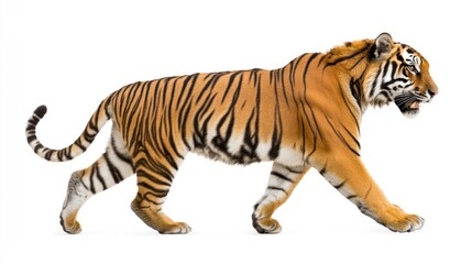 Obraz premium Majestic bengal tiger walking gracefully against a clean white background