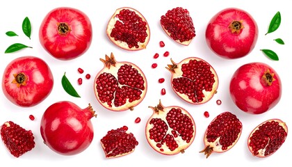 Overhead shot of ripe pomegranates. Some are whole, others halved or sectioned, showing vibrant red seeds. Green leaves are scattered around