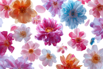 Colorful flowers in various shades,  floating on transparent background