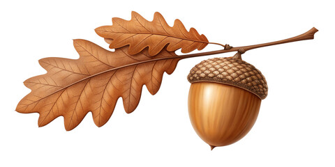Realistic Autumn Oak Acorn with Leaves Isolated on Transparent Background
Detailed Brown Acorn and Oak Leaves Illustration in Fall Colors